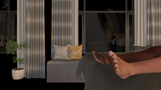 A film still which is in CGI, of legs laying on a bed and reflection in a dark window behind