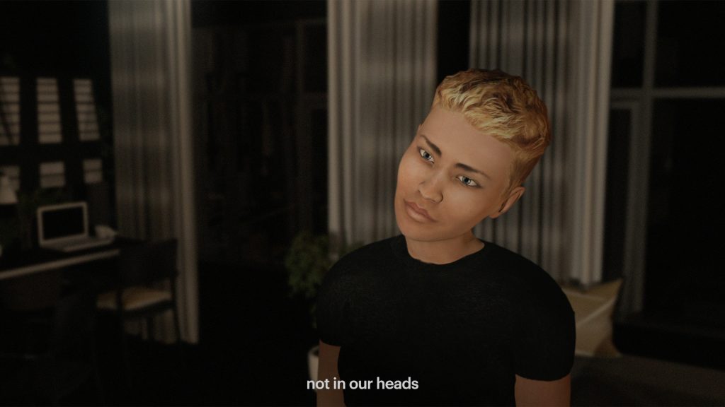 A CGI image of a figure, head and shoulders, tilting the head. They have medium tone skin, short blond hair, a black t-shirt, non-obvious gender. A domestic room is behind and dark warm light, lightly blurred. A caption reads "not in our heads" 