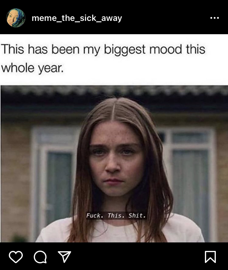 Meme. Text above an image reads "This has been my biggest mood this whole year". Below is a sulken young female face evidently from a tv series or film, captioned it reads "Fuck. This. Shit."  