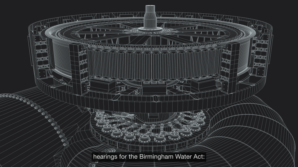 A digital technical drawing of a complex circular machine, black background and white line, a subtitle reads: "hearings for the Birmingham Water Act"