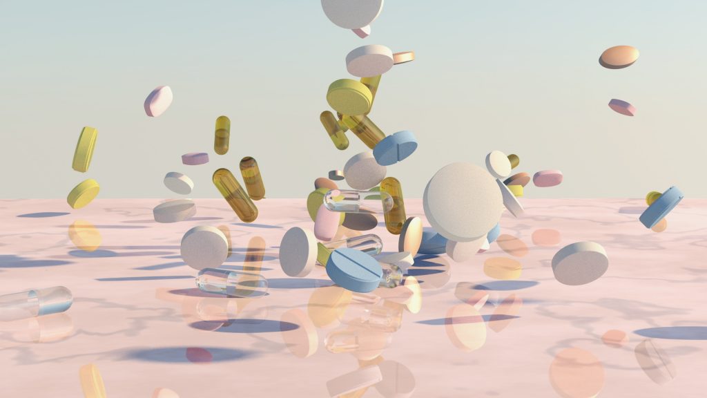 A near distance CGI image of pills falling from a light bleu sky to a pink suface, the tones are pastel, and the pills almost seem like sweets