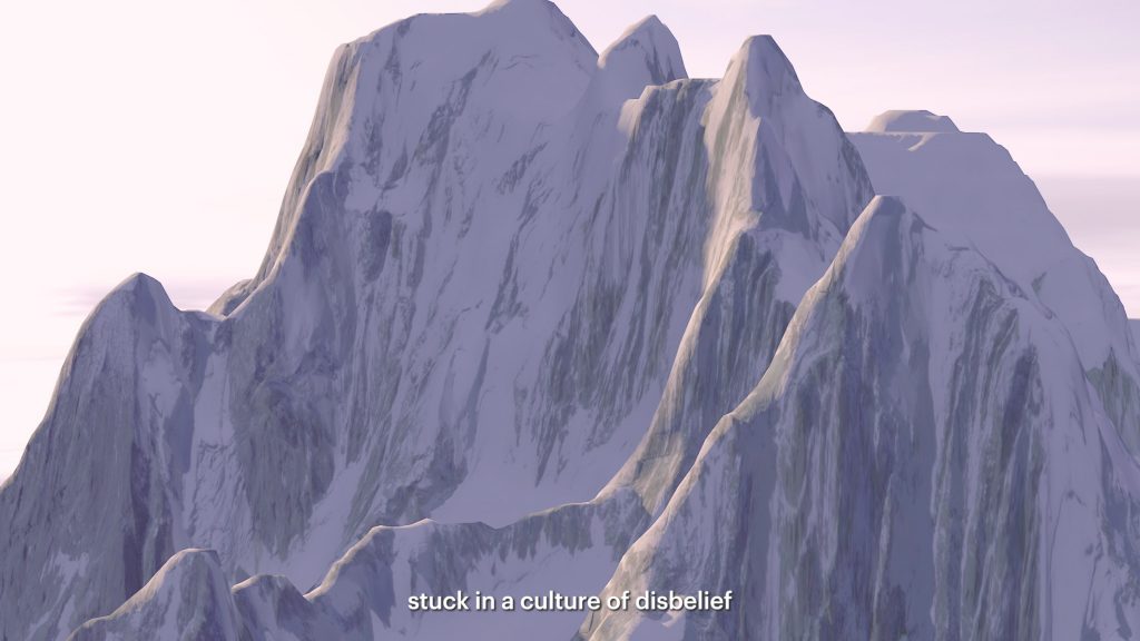 A CGI image of a snowy mountain peak in near view, with pinkish-purple light and an ethereal feel. The caption below reads : "invisible disability"